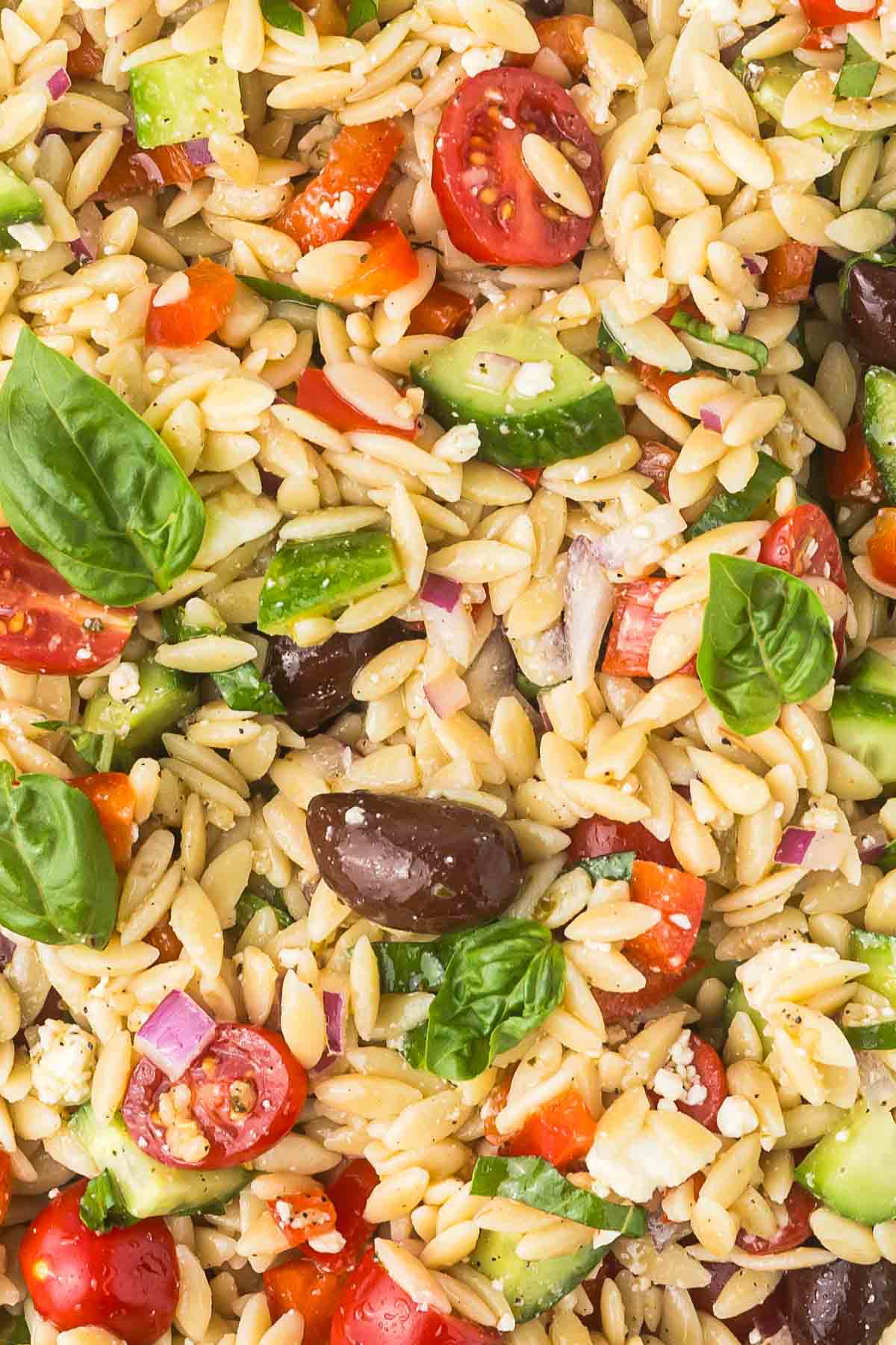 Greek Feta Salad with orzo, basil, feta cheese, tomatoes, red onion and cucumber.