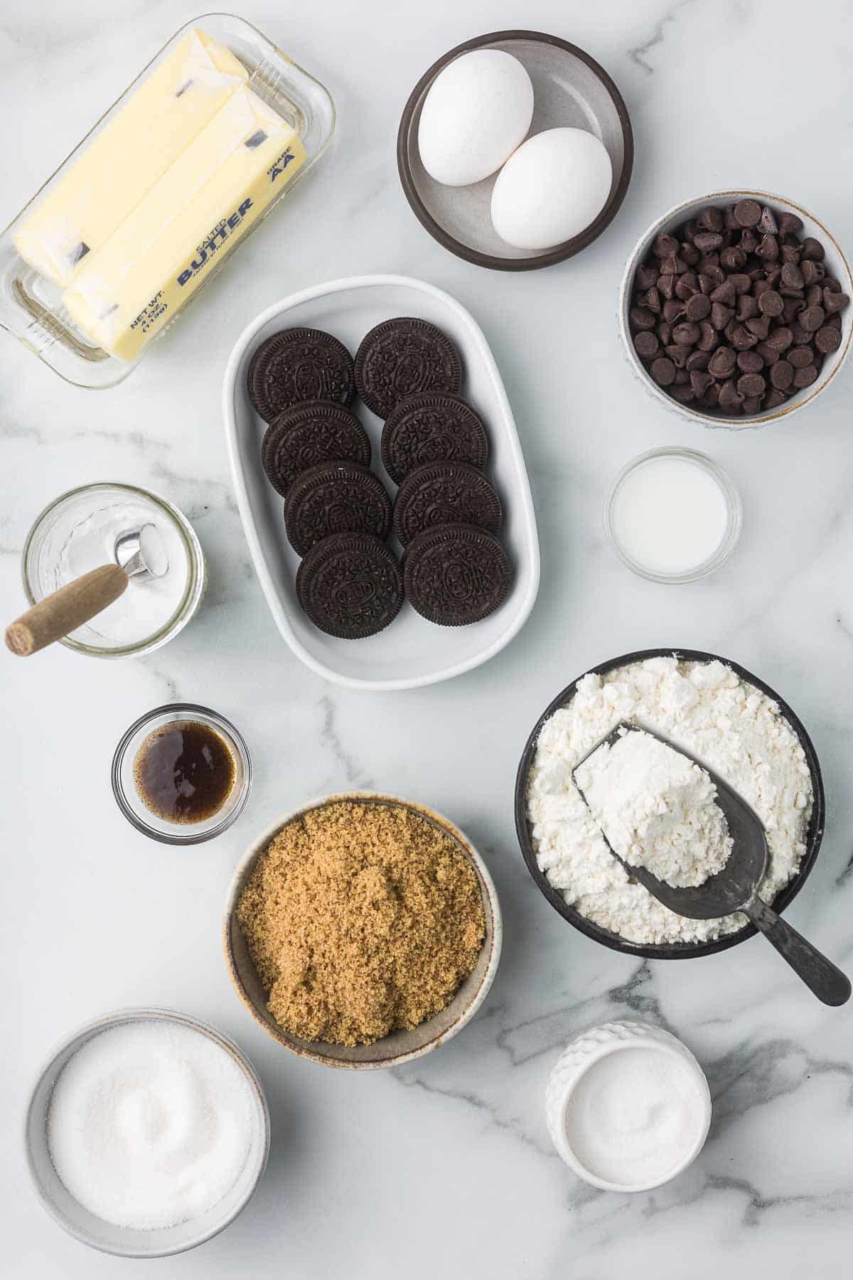 Ingredients to make oreo and chocolate chip cookies.