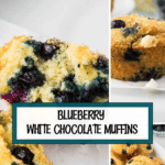 Close-up of moist blueberry white chocolate muffins with scattered blueberries. The muffin is split open, showcasing its texture. Top text: "Cookingupmemories.com". Center text: "Blueberry White Chocolate Muffins".