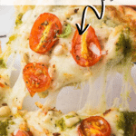 Pesto Chicken Flatbread Pizza Pin with close shot of prepared dish