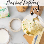 Ingredients for creamy Boursin mashed potatoes are displayed: potatoes, rich Boursin cheese, milk, butter, and a pinch of salt. A scoop of these delectable mashed potatoes is highlighted on the right. The text reads, "How to Make Boursin Mashed Potatoes.