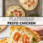 A rectangular tray displays a mouthwatering pesto chicken flatbread, adorned with cheese and cherry tomatoes. Below, a slice is being pulled away, revealing a melty cheese paradise. The text reads: "Flatbread Pesto Chicken" and "cookingupmemories.com.