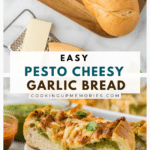 A loaf of bread, a cheese grater with cheese, and pesto are on the counter. Below, slices of pesto garlic bread topped with melted cheese are served on a white plate. Text reads "Easy Pesto Cheesy Garlic Bread" from cookingupmemories.com.