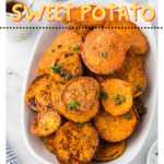 A tray of roasted sweet potato slices with golden, crispy edges and a soft, tender interior. The slices are evenly spaced on a baking sheet, lightly seasoned, and roasted to perfection. The vibrant orange color of the sweet potatoes contrasts with the dark baking sheet, highlighting their appetizing texture. Perfect as a healthy side dish.