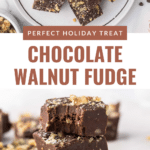 A plate of indulgent chocolate walnut fudge squares, each piece crowned with chopped walnuts. A close-up reveals a stack of three fudge pieces with a bite missing from the top one. Text reads: "Perfect Holiday Treat - Chocolate Walnut Fudge Delight.