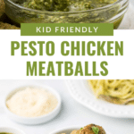 A fork holds a pesto chicken meatball over a bowl of green sauce. Below, a white bowl filled with meatballs on a table, accompanied by pasta and more pesto sauce, offering an inviting meal. Text reads "Kid Friendly Pesto Chicken Meatballs," making dinner as exciting as chocolate walnut fudge.