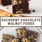 A stack of rich chocolate walnut fudge pieces sits on a wooden board and a plate, sprinkled with chopped walnuts for an extra touch of indulgence. Text reads "Decadent Chocolate Walnut Fudge.