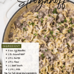 A skillet with creamy hamburger stroganoff, garnished with herbs. An ingredients list is overlayed, featuring egg noodles, ground beef, butter, flour, beef broth, and milk. Website: cookingupmemories.com.