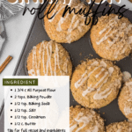 Top view of cinnamon roll muffins on a dark baking tray, drizzled with icing. A text overlay provides an ingredient list: flour, baking powder, baking soda, salt, cinnamon, butter. Website "cookingupmemories.com" is also mentioned. Marble background visible.