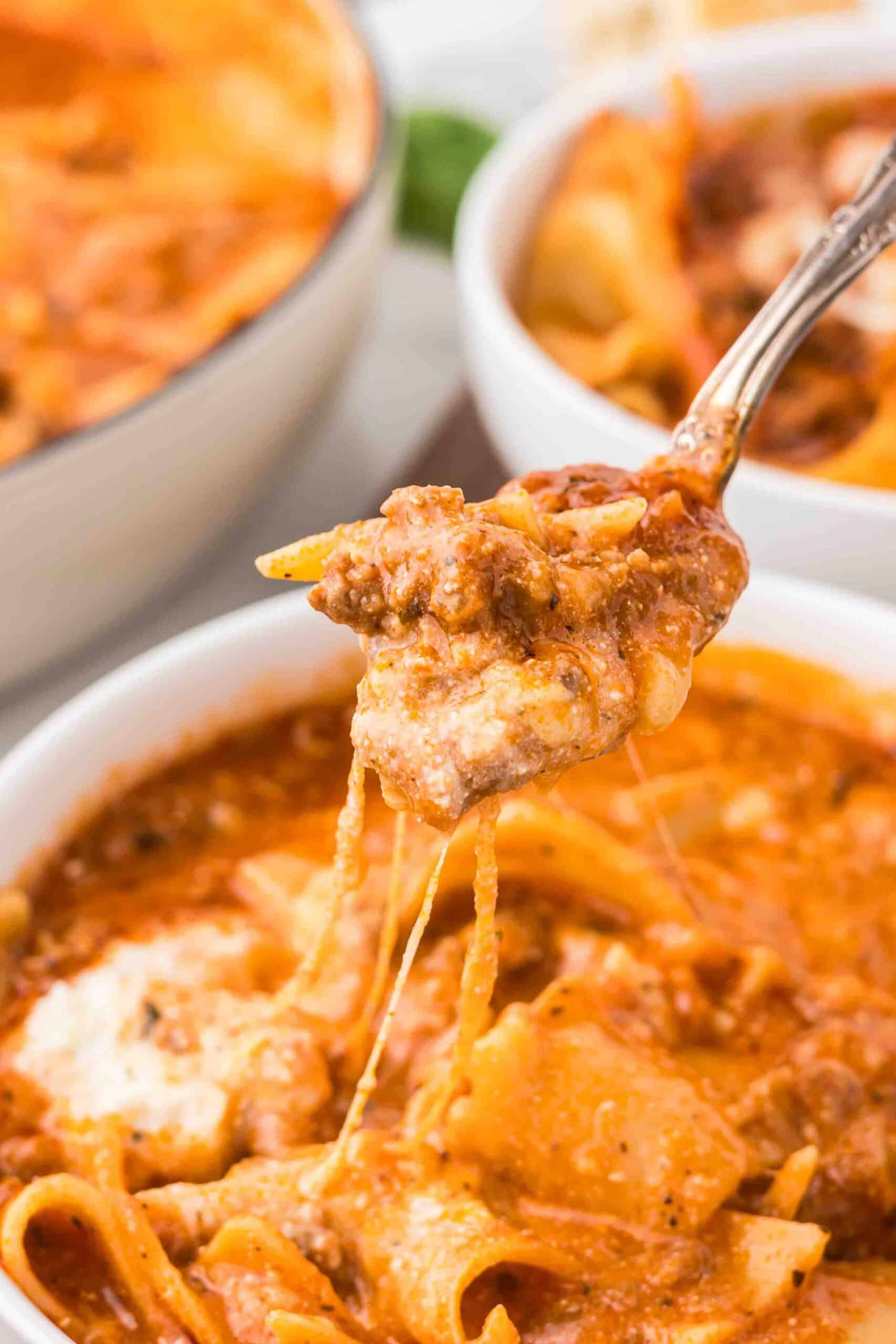 A spoonful of lasagna soup.