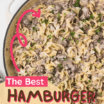 A skillet filled with creamy hamburger stroganoff, garnished with chopped parsley. Text on the image reads: "The Best Hamburger Stroganoff - easy one-pot dinner." A website URL is at the top.