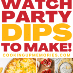 Pinterest pin featuring '10 Super Bowl Watch Party Dips to Make!' with images of creamy dips, cheesy hot appetizers, crostini, and snack spreads, including spinach dip, ranch dip, and layered cheese dip. Perfect for game day, tailgating, or Super Bowl parties, with bold text and delicious recipes showcased.