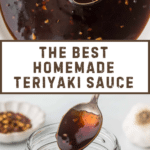 Close-up of a spoonful of homemade teriyaki sauce in a bowl, with bits of seasoning visible. A jar of glossy teriyaki sauce is shown below, ready for use. Text overlay reads 'The Best Homemade Teriyaki Sauce.'