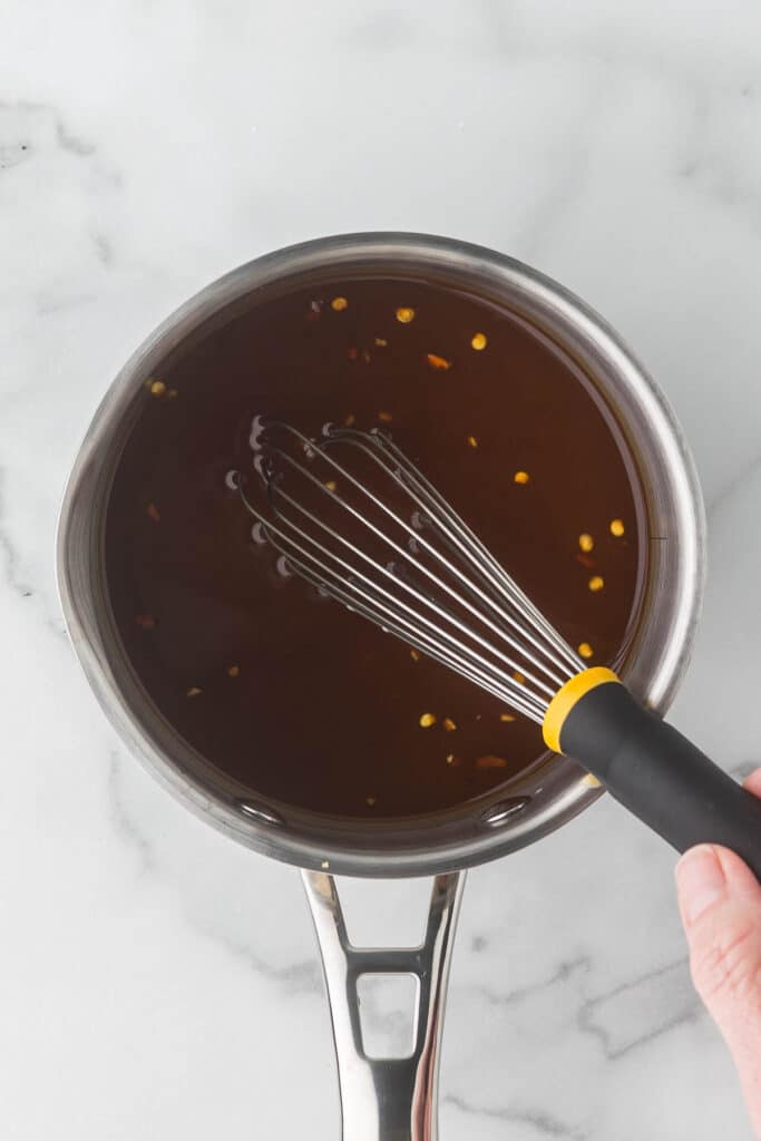 Teriyaki Sauce in a sauce pan before it has thickened.