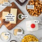 Ingredients to create a bbq chicken mac and cheese.