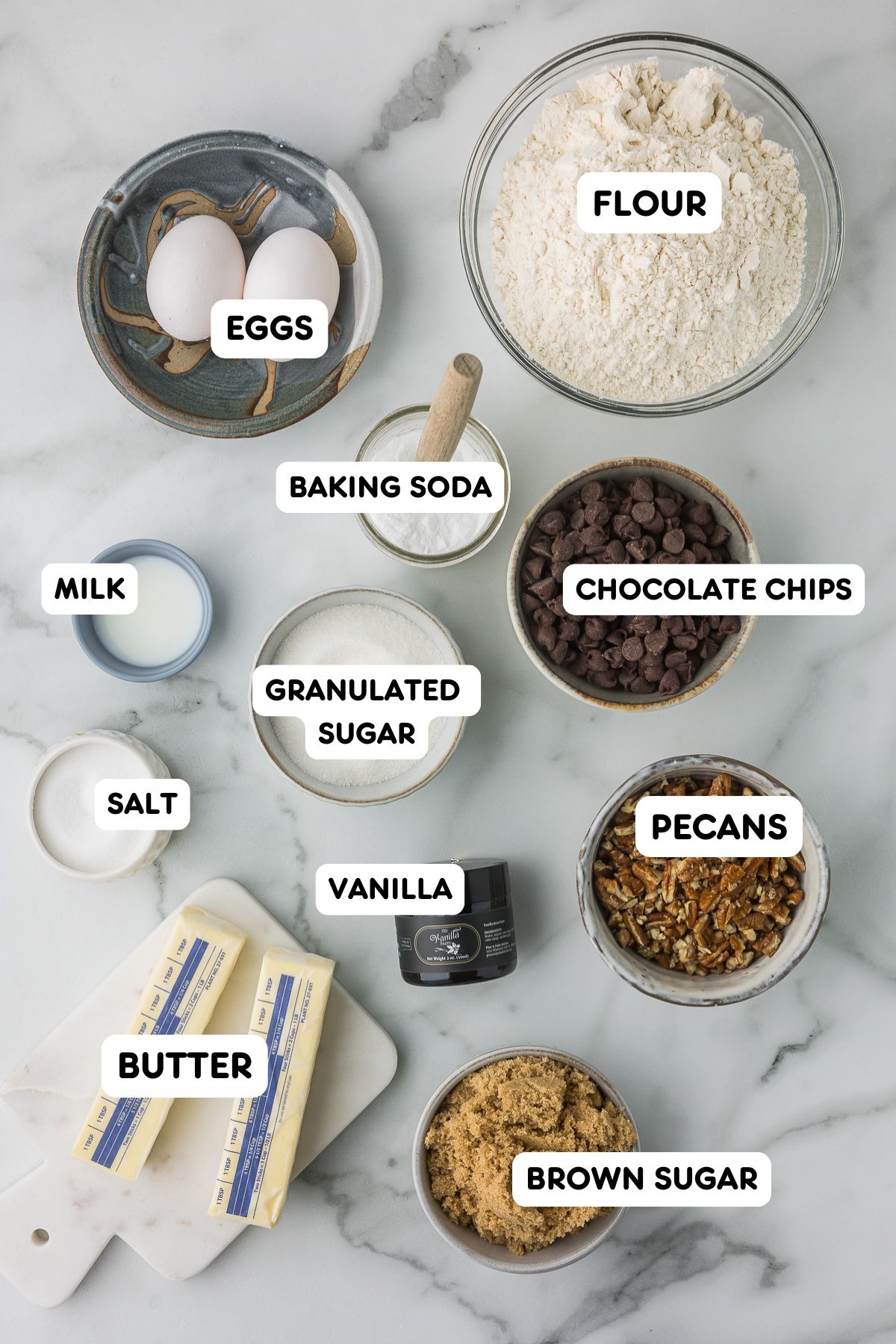 Ingredients on a countertop to chocolate chip bars.