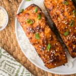 Teriyaki Salmon made in the air fryer served over rice.