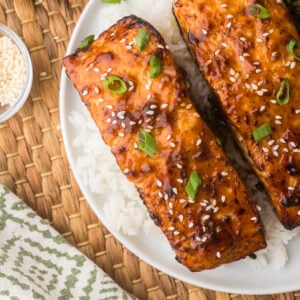 Teriyaki Salmon made in the air fryer served over rice.