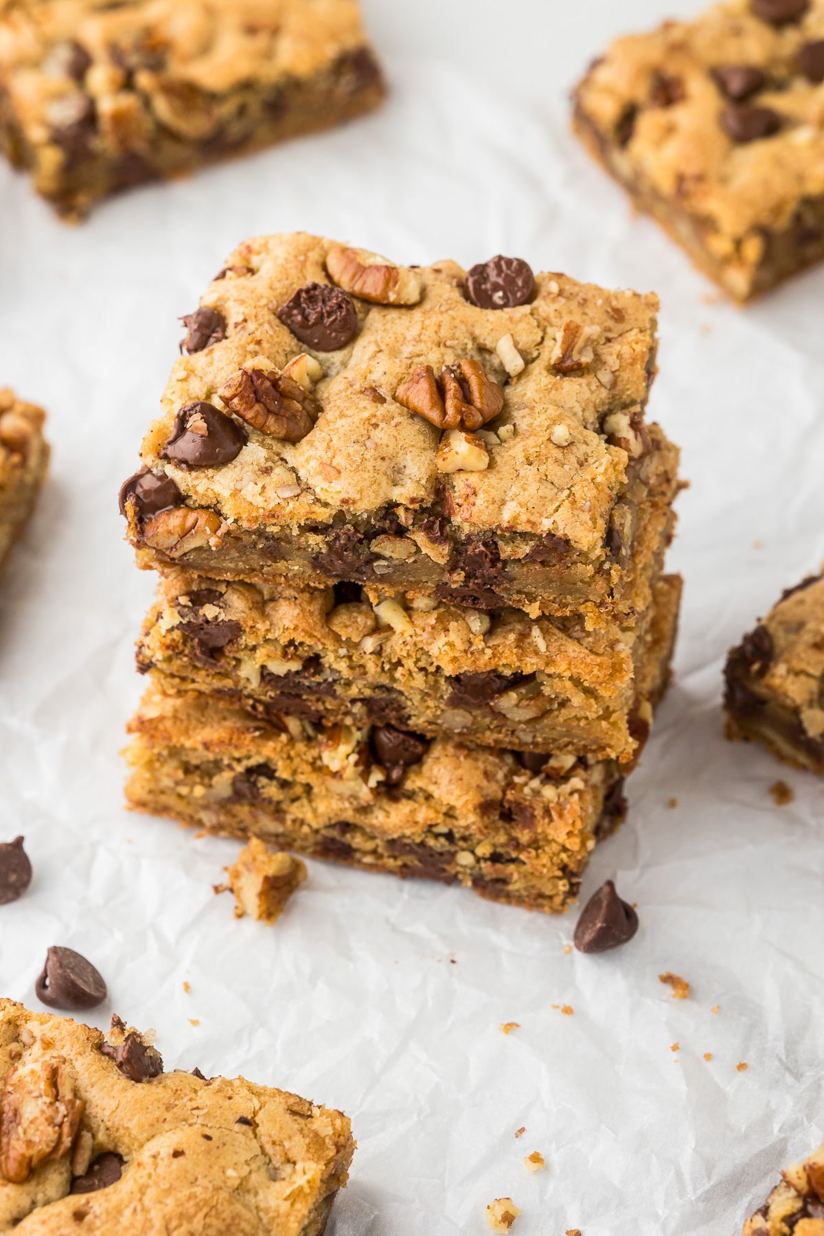 A stack of three blondies.