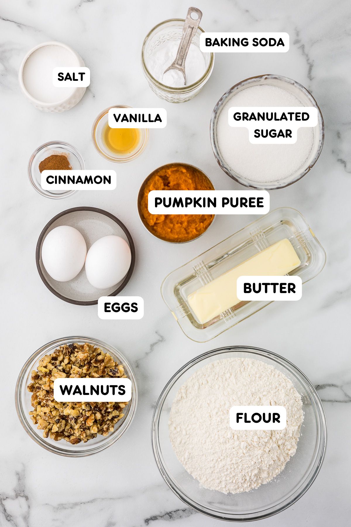 Ingredients to make walnut pumpkin bread including pumpkin puree, granulated sugar, vanilla, cinnamon, salt, baking powder, eggs, butter, flour and nuts.
