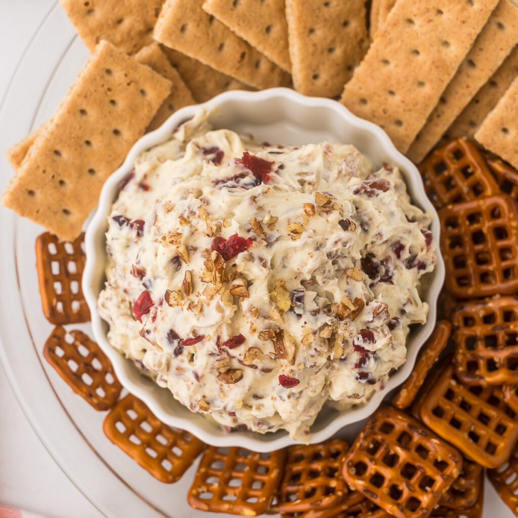 Orange Cranberry Cream Cheese dip with pretzels and graham crackers.