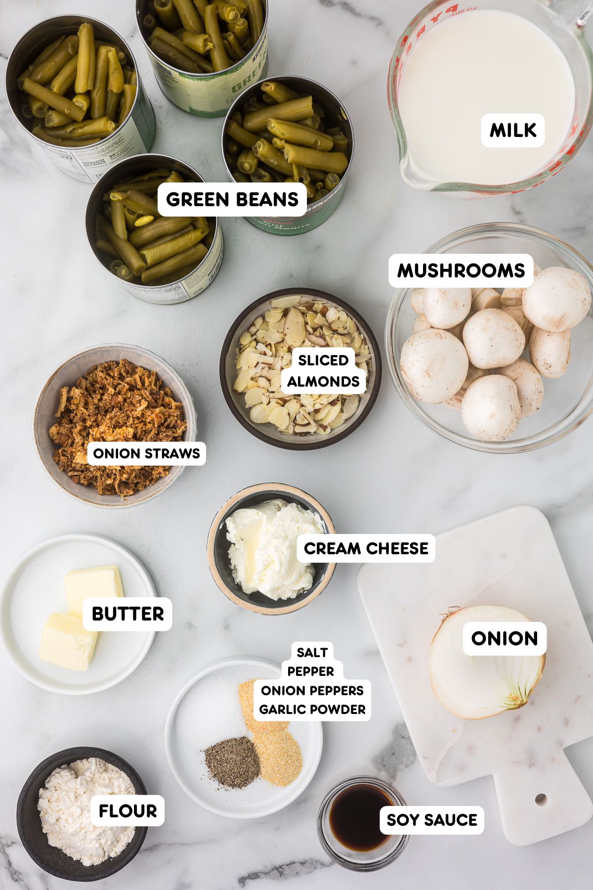 Ingredients in small bowls to make green bean casserole with a homemade sauce and no canned soup.