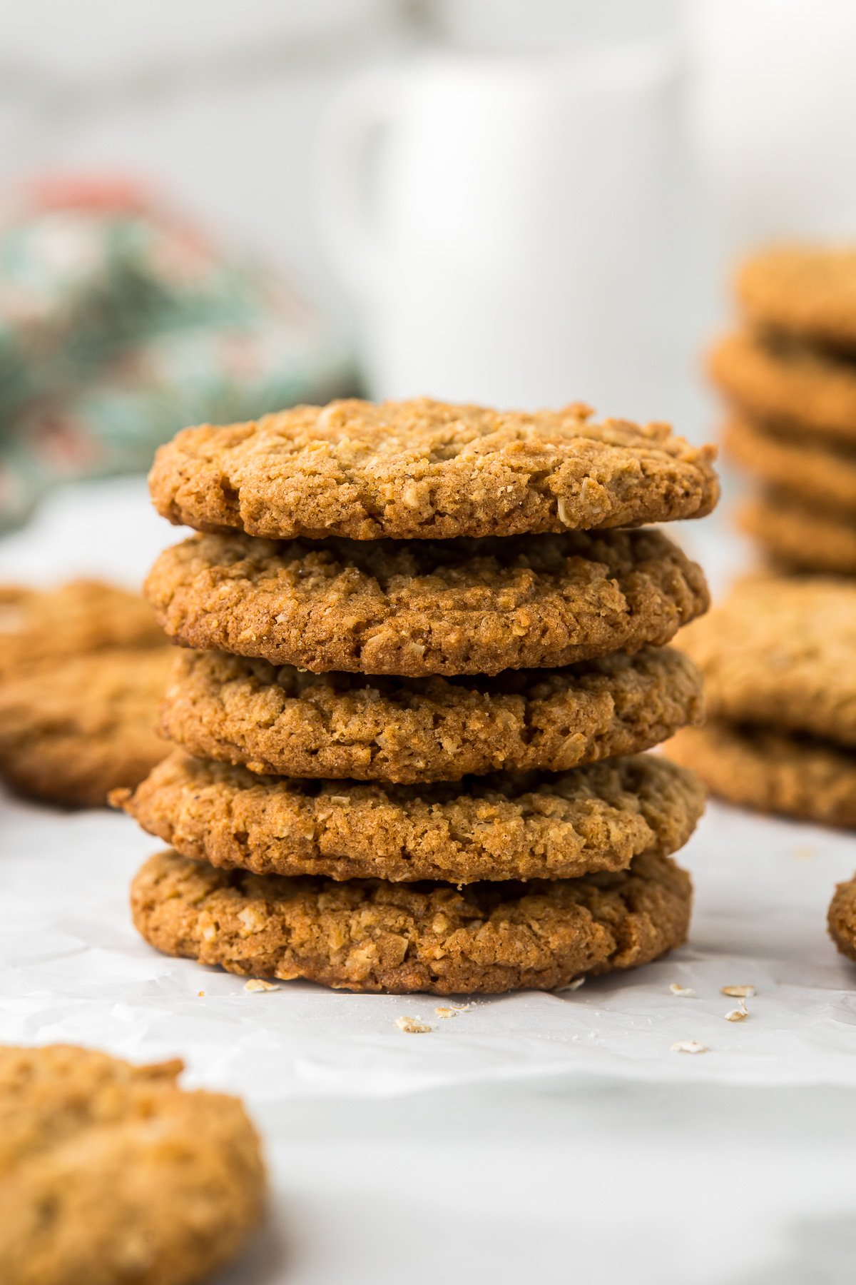 Close-up of chewy oatmeal cookie interior with lightly crisp edges.