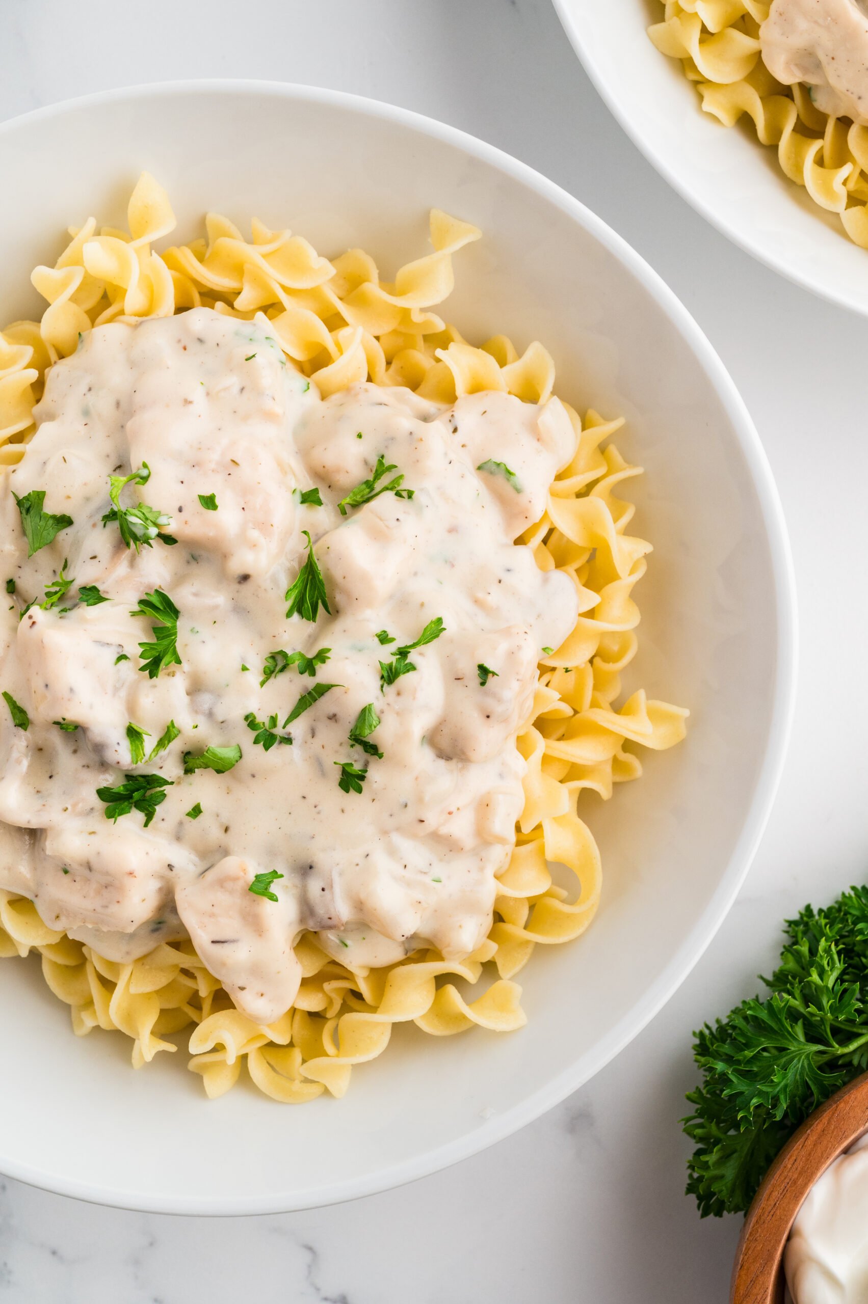 Chicken Stroganoff served over egg noodles.