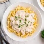 Easy Chicken Stroganoff with Mushrooms in a white bowl with parsley as garnish.
