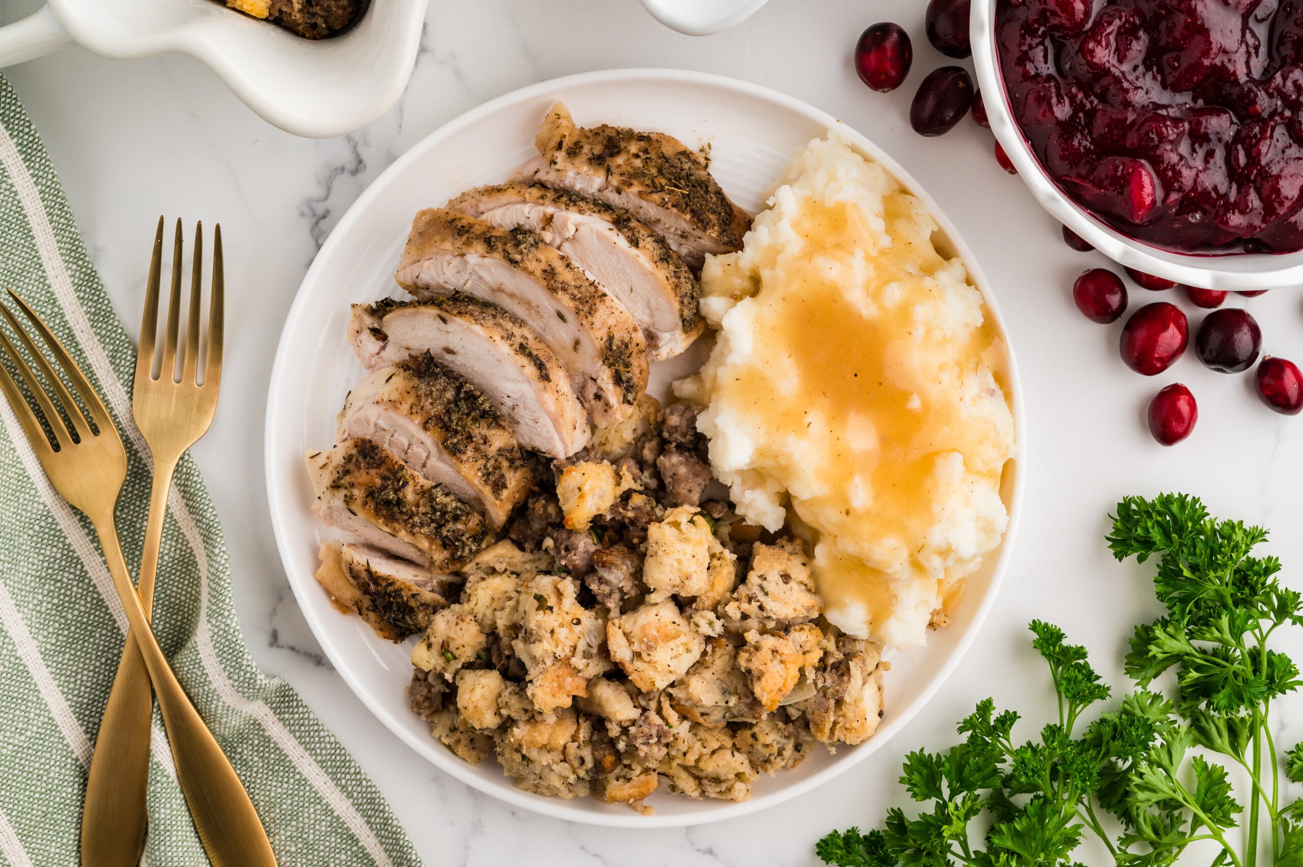 Thanksgiving plate with sliced turkey breast, mashed potatoes and gravy, sourdough sausage stuffing, and cranberry sauce.