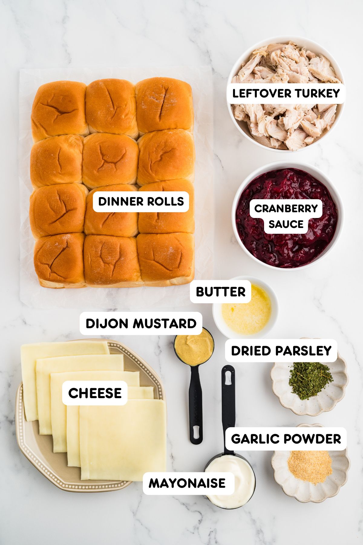 Ingredients to make cranberry turkey sliders with leftover turkey and cranberry sauce.