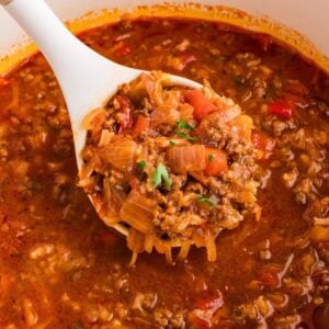 Cabbage Roll Soup in a ladle.