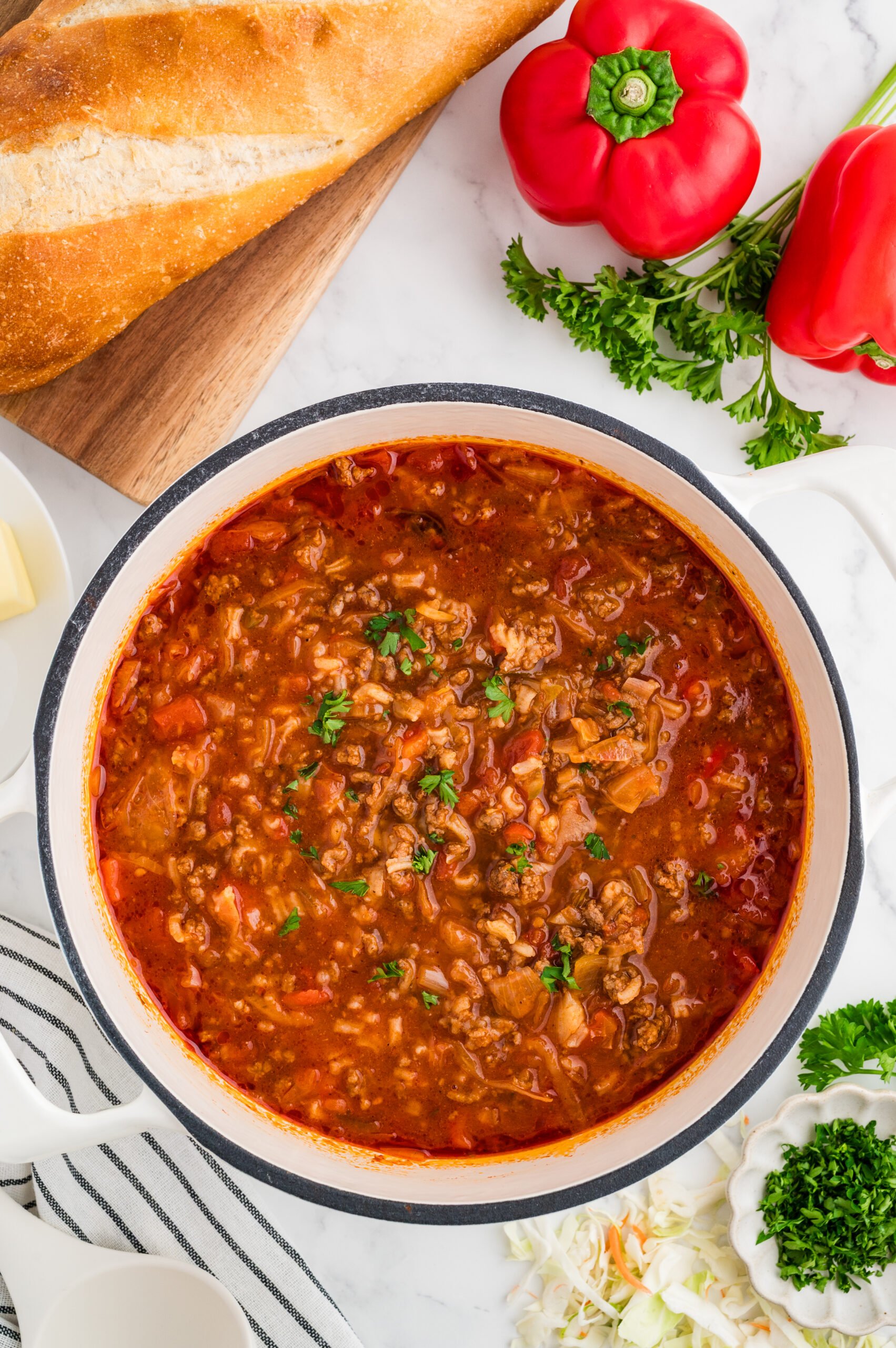 Finished cabbage roll soup ready to serve in a pot.