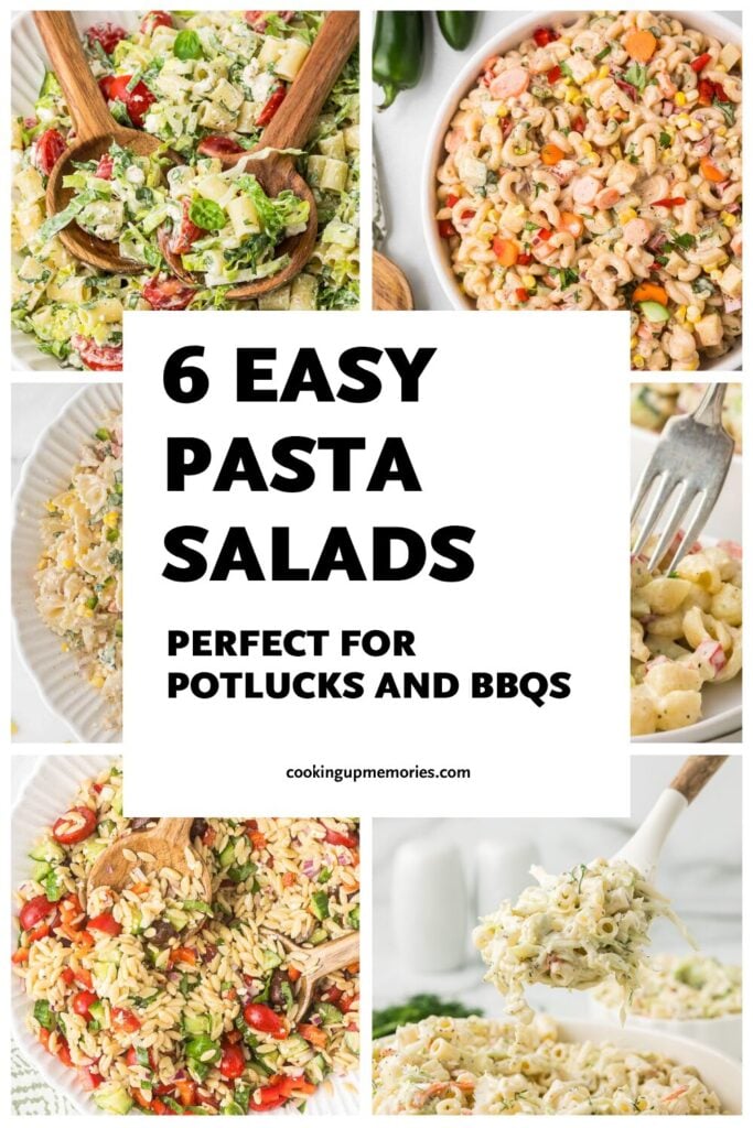 Picture of 6 pasta salads with Pinterest text.