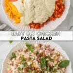 BLT Chicken pasta salad top image ingredients in bowl bottom image complete